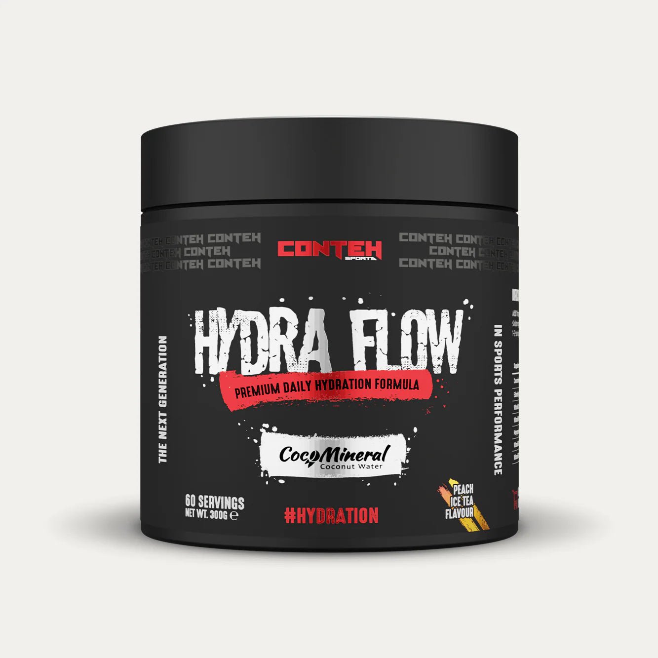 Container of Conteh Hydra Flow supplement on a light gray background